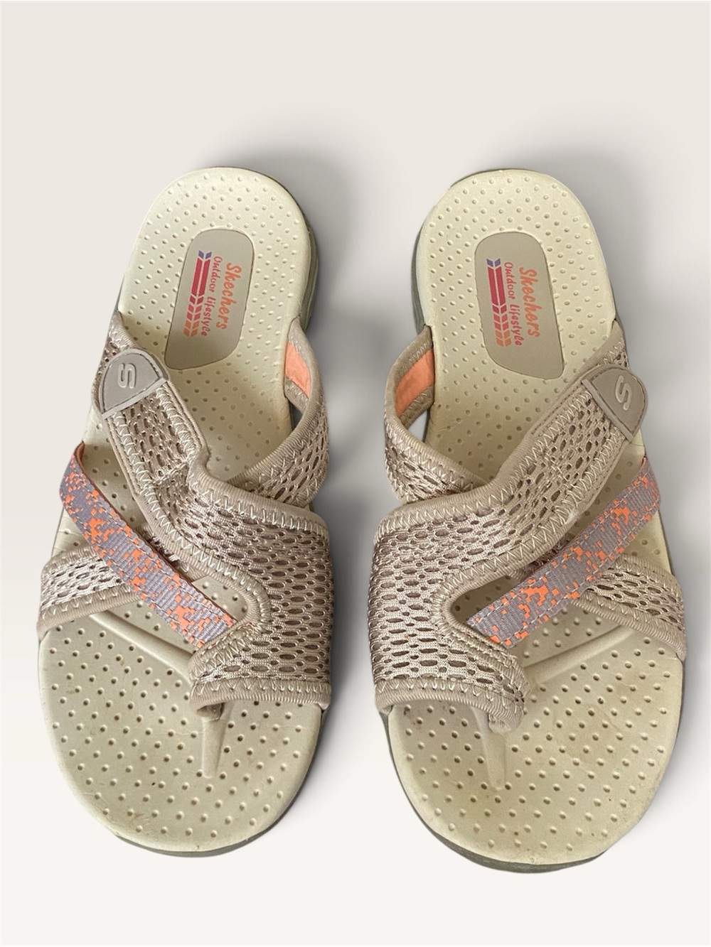 Skechers Outdoor Lifestyle Taupe Orange Mesh Crisscross Toe Loop Slide Sandals